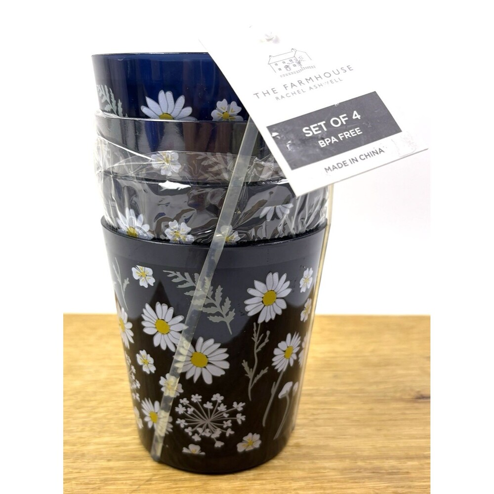 NWT Rachel Ashwell Daisy Floral Navy Melamine Tumblers BPA Free Set of 4